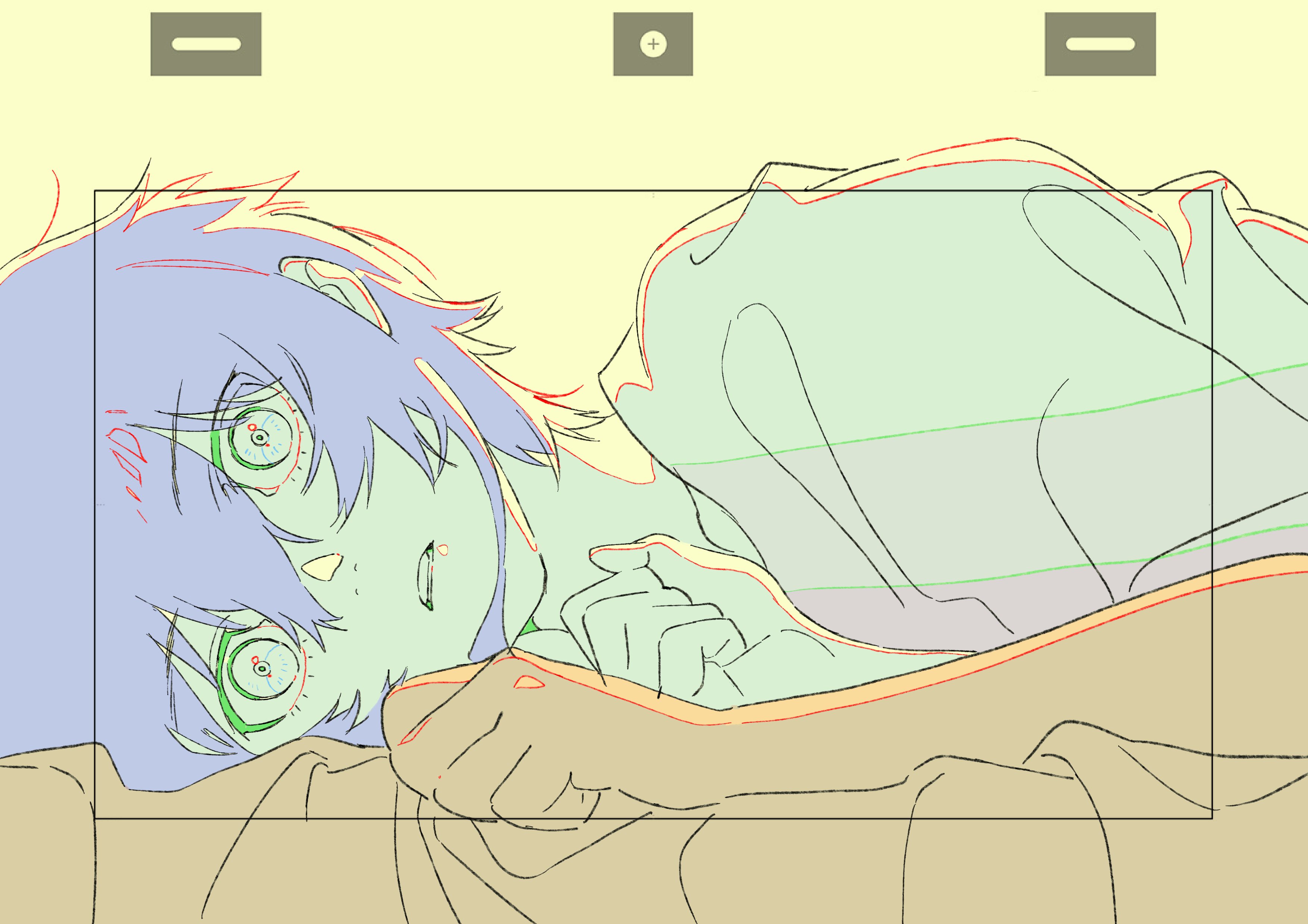 the image is a digital sketch of a young woman with short blue hair lying down. the sketch is drawn in a manga style and is colored in a pastel palette. the lines are loose and expressive and the overall feel of the image is one of peace and tranquility.