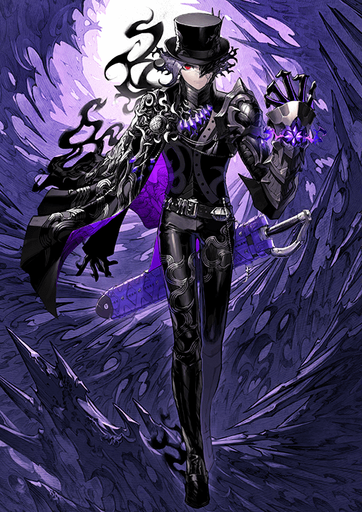 the image is an anime character dressed in dark clothing and armor. he is wearing a top hat and a black outfit with purple accents. he is holding a sword and appears to be in a fantasy setting. the background is purple and dark.