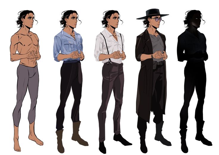 the image contains a male character in different poses, with different clothing choices, and in a silhouette. the first character is shown in a casual, almost nude style, showing off his muscular physique. the second character is dressed in a stylish casual outfit, with a blue buttondown shirt and black pants. the third character has a more formal look, sporting a white shirt, suspenders, and dark pants. the fourth character is dressed in a sleek and mysterious outfit, wearing a black coat, hat, and sunglasses. the last character is in silhouette, showing a shadowy outline of a figure. this artistic representation allows the viewer to explore different styles and transformations of the same character, highlighting his adaptability and versatility.