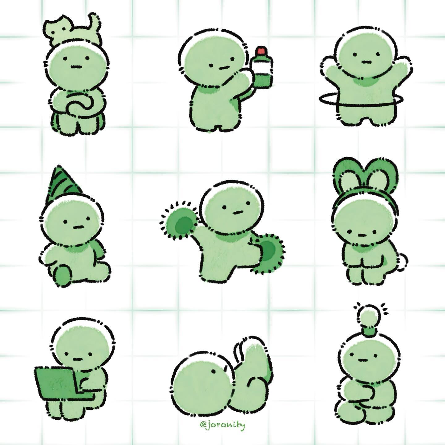 a digital illustration of nine cute cartoon characters. each character is a simple, round figure with a green body and black eyes. each character is doing a different activity, such as holding a bottle, playing with a ring, wearing a party hat, playing with a toy, wearing bunny ears, lying down, working on a computer, and holding a lightbulb. they're all drawn on a grid background.