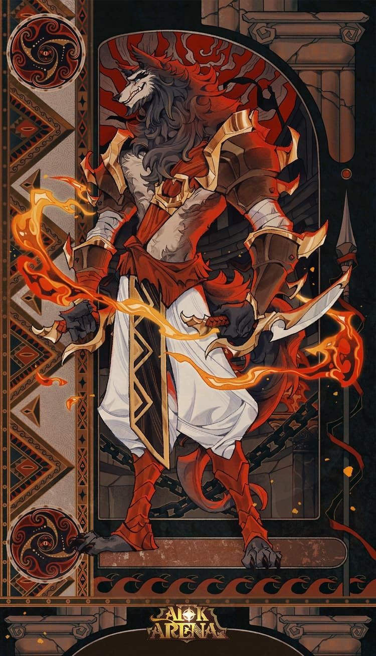 the image showcases a powerful anthropomorphic wolf warrior standing within an elaborate architectural frame.  engulfed in fiery energy, the warrior dominates the composition with a commanding presence.  he is clad in ornate red and gold armor, a flowing white sash, and wields both a bow and a dagger. the color palette is dominated by warm, fiery tones, creating a sense of power and intensity. intricate patterns and designs adorn the background, enhancing the mythical and artistic atmosphere of the illustration.