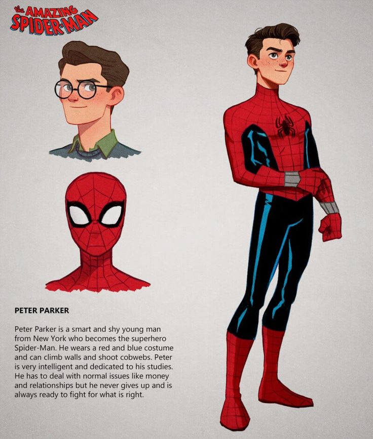 this image is a digital illustration of peter parker, the main character of the amazing spiderman comics. the image is divided into three sections: the top section contains the title "the amazing spiderman" in a stylized font, the middle section shows peter parker as spiderman in his iconic red and blue suit with a mask, and the bottom section contains a description of peter parker. the image is drawn in a colorful cartoon style, with a focus on detail and character expression. it is a great representation of the beloved superhero and his origin story.