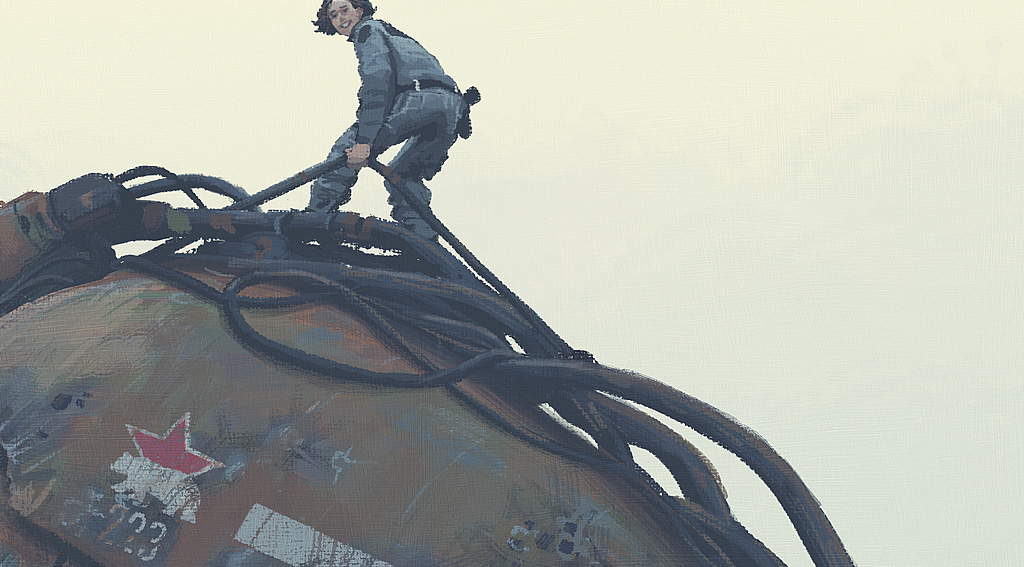 a painting of a man standing on top of a rusty, large metal machine. the man is wearing grey pants and a blue jacket, and he is looking out towards the left. he has dark hair and dark eyes. the man is standing on the highest part of the metal machinery, which is a large, flat surface. the machinery appears to be in a state of disrepair and is covered in rust. the painting is set against a light white background, which could be a sky. the man looks small against the large scale of the machinery.  the painting style appears to be a digital painting, and it is created in a retro and scifi style.