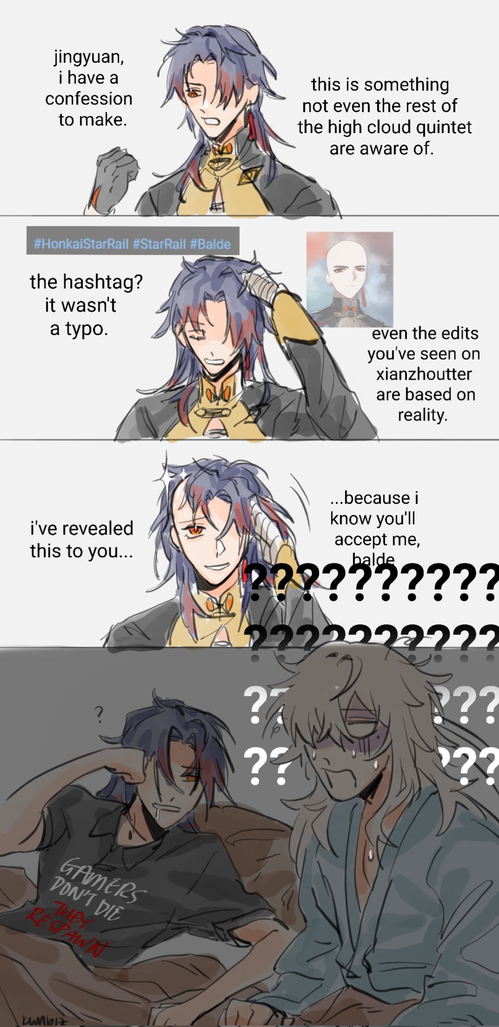 this is a digital art image featuring characters from the video game honkai: star rail. the art style is anime/mangainspired. the image is split into four panels, each featuring a different scene with a conversation between the characters. the top panel shows jingyuan, a character with blue hair and a dark outfit, looking directly at the reader, seemingly about to confess something. the text indicates this secret is something that even the rest of the high cloud quintet, a powerful group of warriors, are unaware of. the second panel shows jingyuan again, this time looking somewhat guilty and attempting to explain that the hashtag referring to balde in the previous panel was a typo. however, the next panel shows balde looking at the reader, and the text mentions that even the edits of xianzhoutter, a character from the game, are based on reality. the last panel depicts jingyuan and balde in a more casual setting, with jingyuan seemingly revealing something to balde, who is confused and shocked. the final panel is filled with question marks, indicating the significance of the secret and balde's confusion.