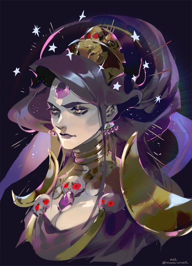 the image is a striking digital painting of a powerful female figure, possibly a goddess or queen. she possesses a regal air, adorned with a lavish gold crown encrusted with jewels, and a dark purple hooded garment.  her attire is further embellished with a striking necklace featuring small skulls with glowing red eyes.  the background is dark and suggestive of night sky with sparkling stars that seem to emanate from her crown, enhancing her celestial aura.  her expression is serious and slightly melancholic. the artist's style is highly stylized, blending anime influences with dynamic brushstrokes and a vibrant color palette. the overall mood is one of mysterious power and majesty.  the artist's signature, "kaz @mcmc_lunar," is visible in the bottom right corner.