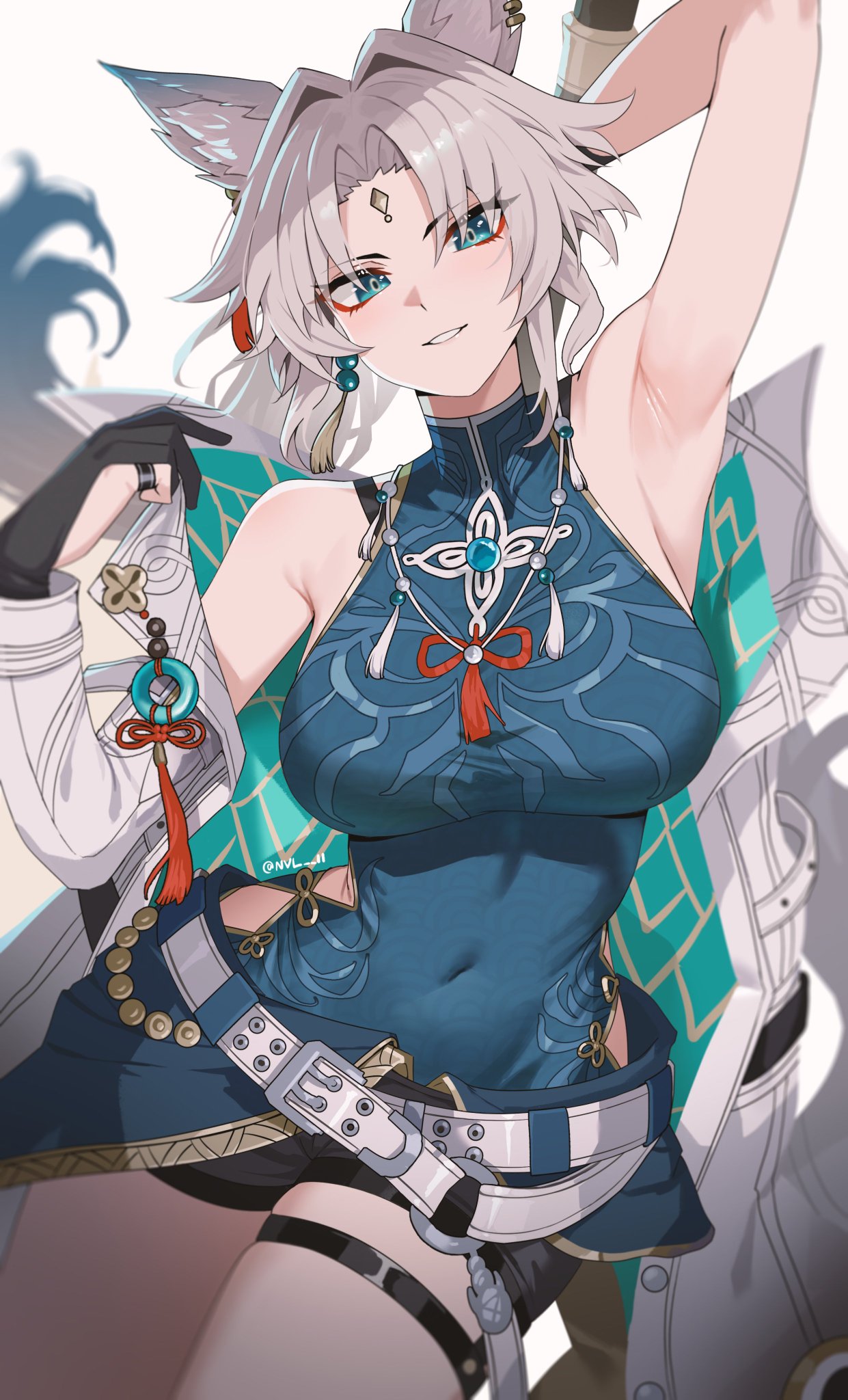an illustration of a female anime character with long, flowing white hair, wearing a blue dress with a red bow and white shirt. the character is smiling and has a cute expression.