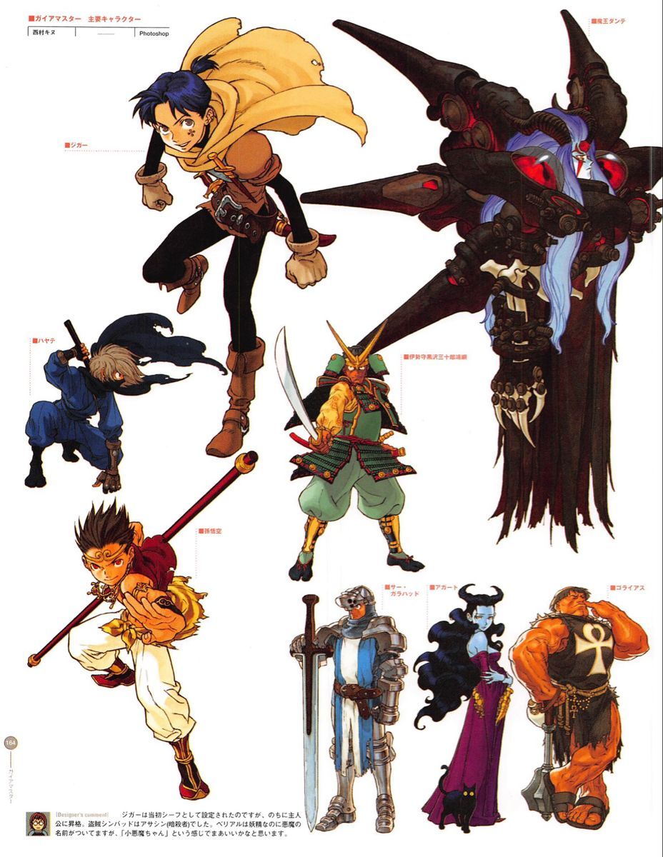 the image shows character designs of a fantasy cast that include an anime boy with a cape, a dark, imposing character with sharp edges, a warrior, a monkeylike character with a staff, a knight, a dark sorceress, and a buff warriorlike character with an ankh symbol. they are accompanied by japanese text annotations.