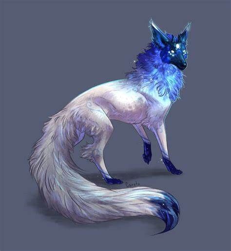 a digital illustration of a fantasy wolflike creature. it has a predominantly white and light purple body with a long, fluffy tail. its head and neck are a deep blue with a starlike pattern, and its eyes glow with white light. the background is a simple, muted bluegray.