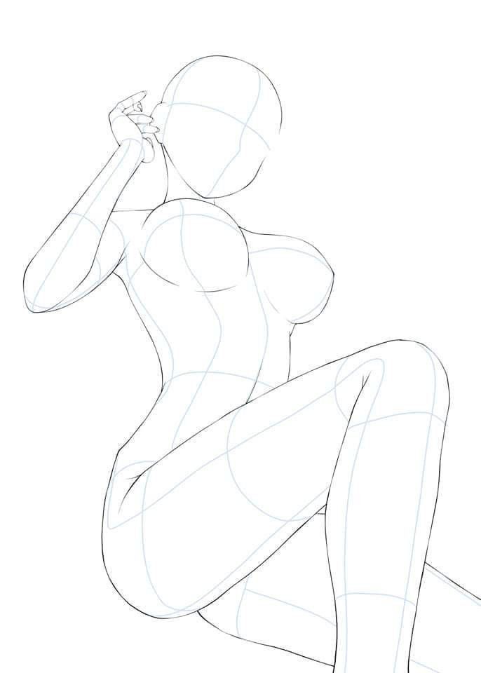 a line drawing of a woman's body in a seated pose. the drawing is a simplified anatomical outline with construction lines and no facial features. the pose is slightly from a low angle perspective.