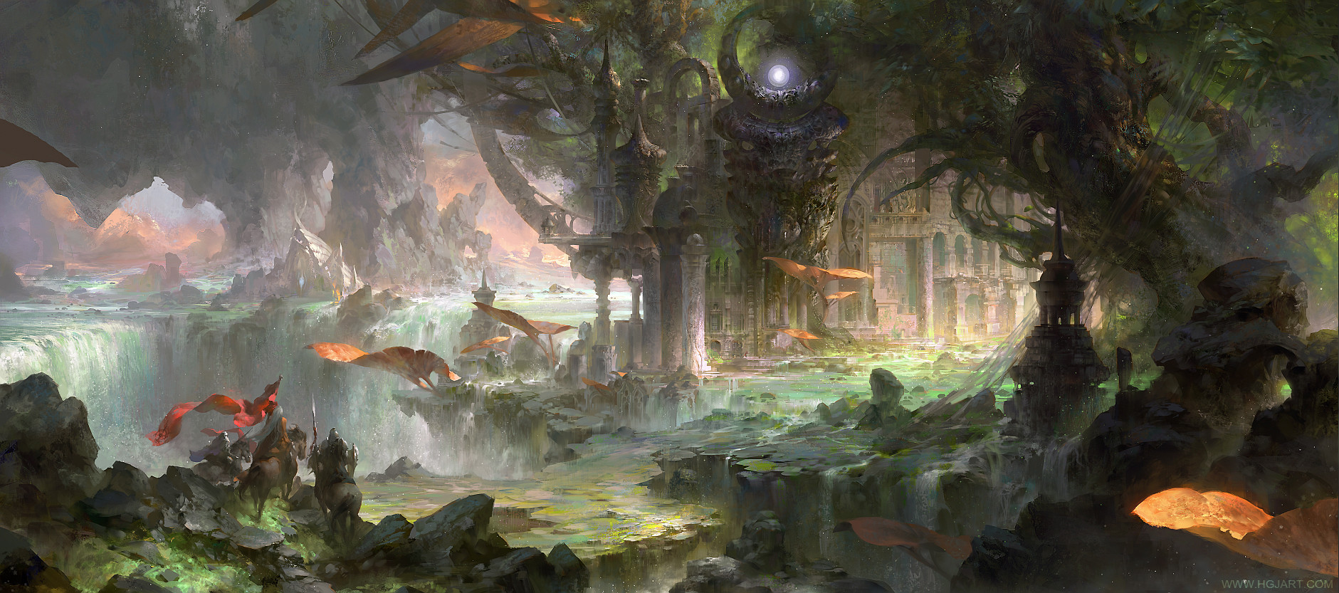 this mystical landscape features ancient stone ruins nestled among lush vegetation. waterfalls cascade down from the cliffs above, flowing into a shallow river that winds its way through the scene. the ruins are partially overgrown with vines and foliage, giving the impression that they have been abandoned for centuries. in the center of the image, a large tree grows out of the ruins, its branches reaching towards a glowing orb of light. flying creatures with glowing orange wings soar through the air, adding to the magical atmosphere. two figures stand on a rock in the foreground, their backs to the viewer, as if gazing out at the breathtaking scene. the lighting is ethereal and dreamlike, with warm and cool tones blending together to create a sense of wonder and enchantment.