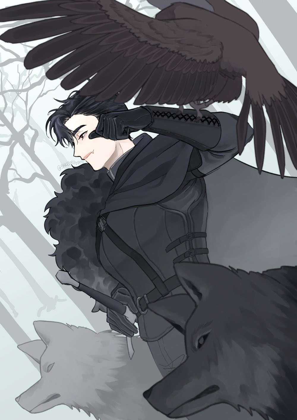 the image is an anime style illustration of a male character in black armor with a raven perched on his shoulder, a wolf to his right, and a wolf to his left. the character is looking off to the side, he is in a forest and snow is lightly falling.