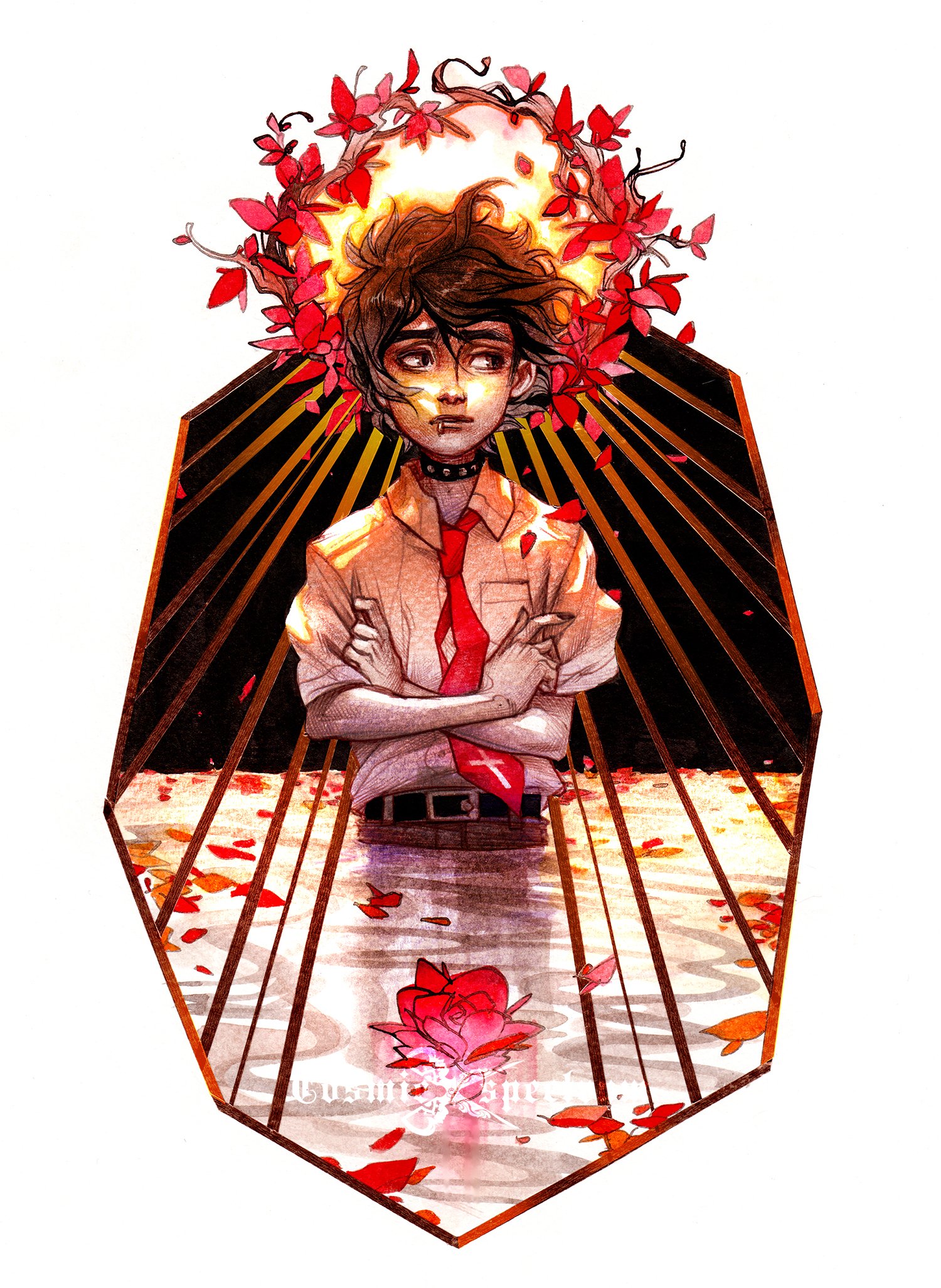 he image is a digital painting or illustration of an animestyle boy. he has dark hair, pale skin, and is wearing a school uniform with a red tie and a cross pendant. he appears to be submerged up to his waist in water, which is covered with red petals. above his head is a halolike arrangement of red flowers and vines, and the background features dark colors and golden rays of light. the overall style is gothic, evocative of sadness or melancholy.  the image is highly stylized and detailed, with a focus on color and emotional impact.