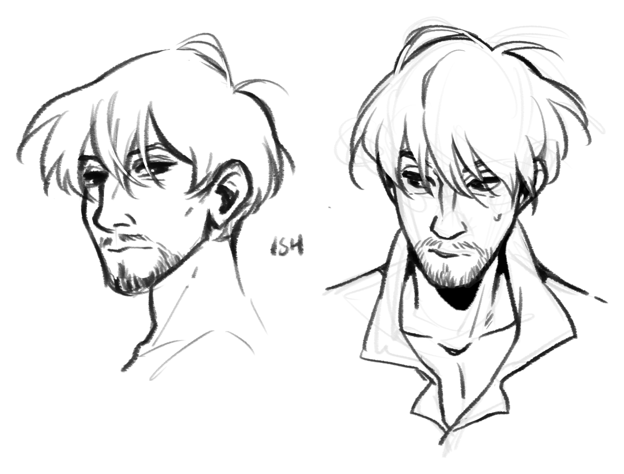 this is a black and white sketch of the same male character's face twice from a side profile. the image on the left is just the head and neck, while the one on the right includes the top of the shoulders. the character has short, unkempt hair and a short beard. he appears to be frowning and has bags under his eyes.