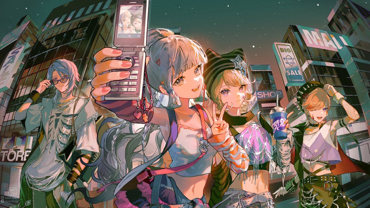 four anime girls dressed in bright and colorful outfits posing in front of a shopping mall at night.  they are smiling and laughing as they take a selfie.  the girls are in a colorful and vibrant setting, with neon lights and signs in the background.  one of the girls is holding up a phone to take the selfie, while the other three are smiling and posing. they are all dressed in trendy, modern clothing. the image is very vibrant and eyecatching.