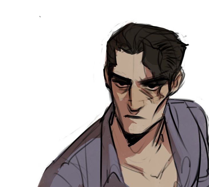 a man's face in a digital drawing. he's looking directly at the viewer with a serious expression. the man has dark hair, and he appears to be in his 30s or 40s. the drawing is done in a loose style, with some lines and areas of shading left incomplete, giving the impression of a quick sketch. he is wearing a plain shirt.