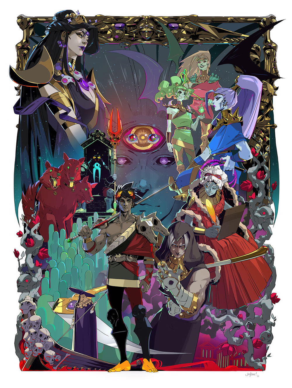 this is a digital illustration of a large cast of characters, some human and some inhuman. at the top of the image, a woman wearing a crown, dark cloak, and jewelry stands near the center of the frame. her eyes and facial expression suggest a look of cold determination. behind her are other characters, including a blueskinned woman with purple hair and a greenskinned woman. the image is very colorful and has a lot of detail. the image is set in a dark and mysterious world with a background reminiscent of a castle or palace.