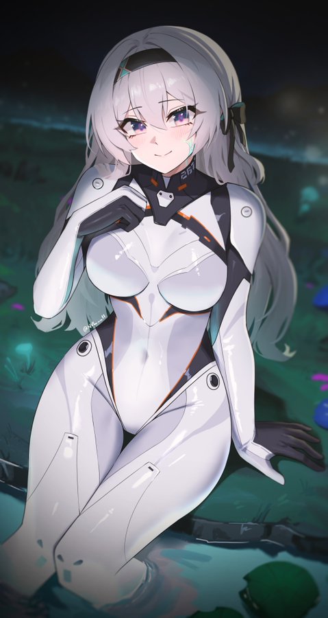 a digital illustration of a woman with long white hair in a white suit sitting on a green rock. she has blue eyes and is smiling. the background is a green landscape.