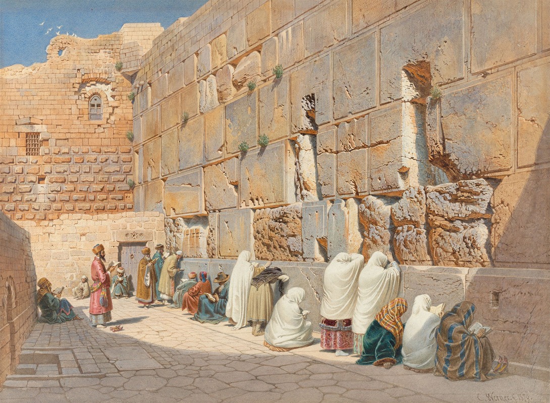 this is a painting depicting the western wall in jerusalem. a group of people, men and women, are praying and worshipping at the wall. the wall is made of large stone blocks. the scene is set in a city street. some people are standing and some are sitting. there are buildings in the background. the overall atmosphere is religious and historical.