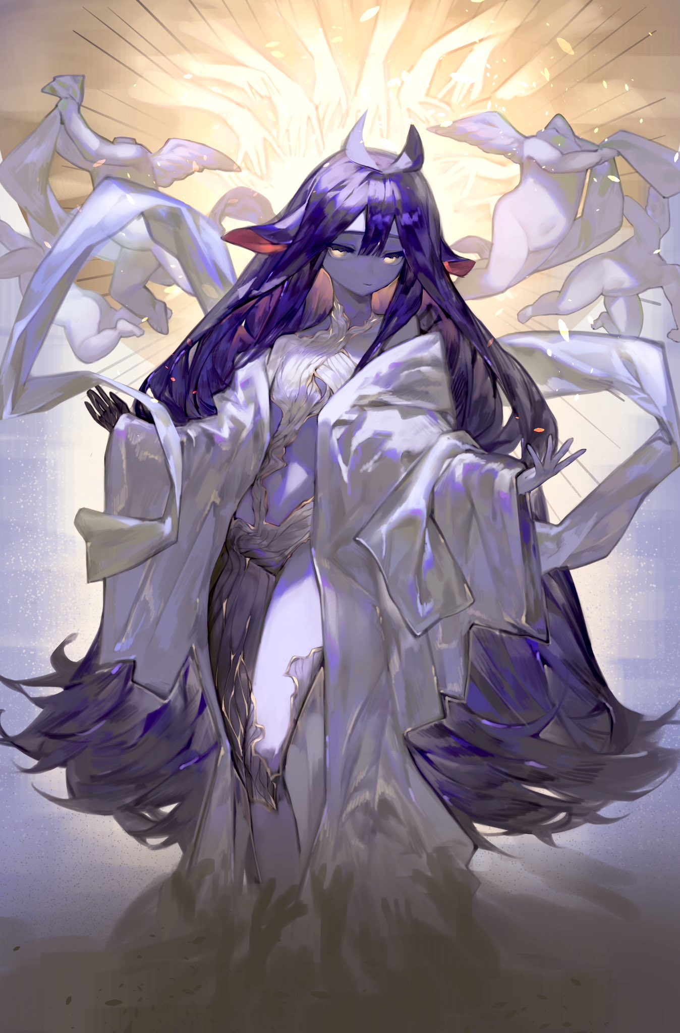 a digital fantasy artwork featuring a female character with long purple hair, horns, and wearing a flowing white dress.  she stands in a beam of bright light.
