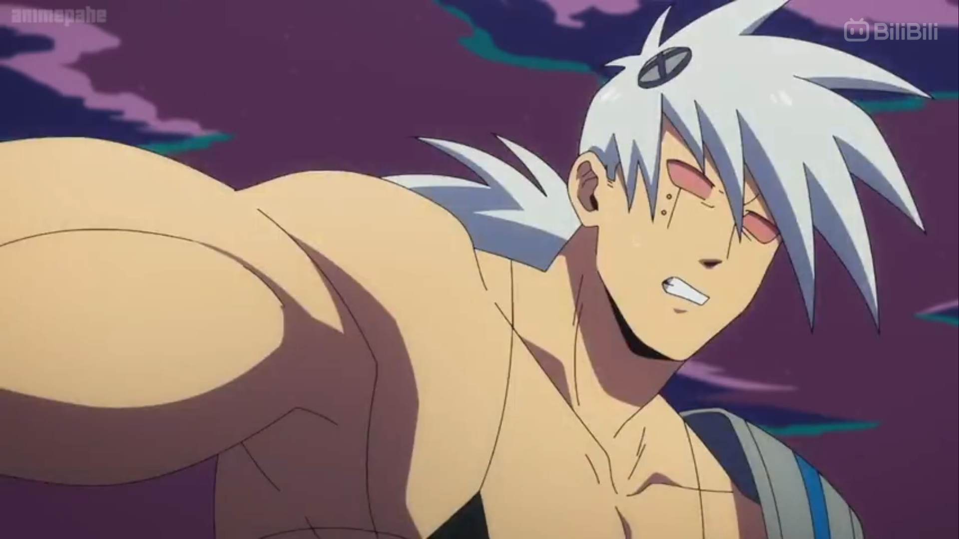 the image shows a muscular anime man with white hair and red eyes. he is barechested and has a determined expression on his face. the background is a dark purple sky. the man is positioned in a fighting stance, with his right arm extended towards the viewer. the image is a closeup shot, focusing on the man's upper body. the lighting is lowkey, with shadows accentuating the man's muscles.