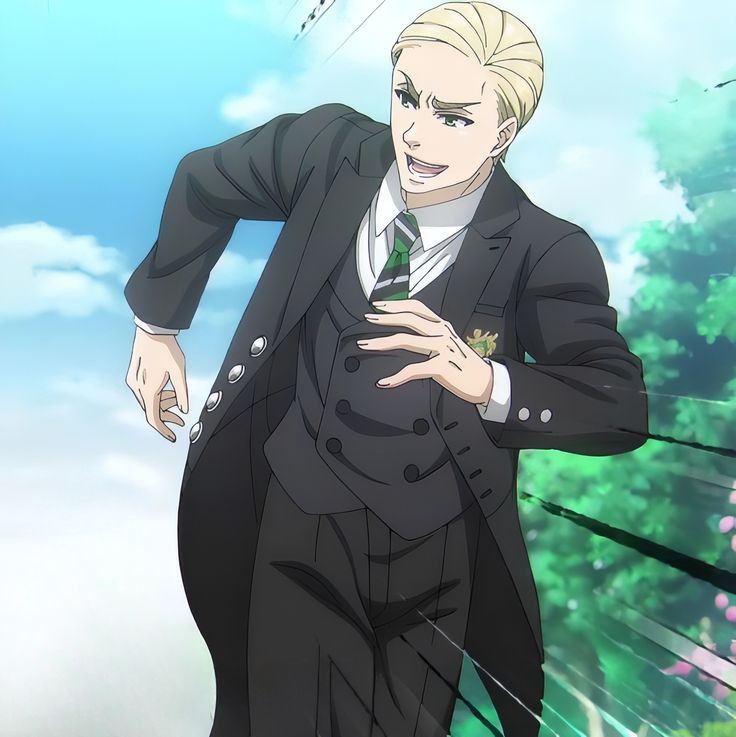 the image showcases an anime character, a young man with blond hair, wearing a black suit and a green tie. he is running with a wide smile on his face, seemingly happy and energetic. he is surrounded by motion lines that indicate his movement, adding a dynamic and exciting feel to the image. the blurred background shows green leaves, suggesting an outdoor setting. the character's attire and expression depict a cheerful and spirited personality.
