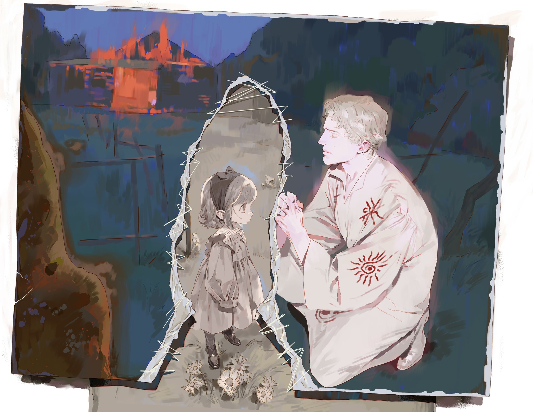 an illustration depicts a solemn scene. on the right, a fairskinned man with blond hair is kneeling in prayer, wearing a white robe adorned with red symbols. next to him is a ripped piece of paper that creates a portal into another scene. through this opening, a young girl in a dress with a bow can be seen standing among flowers. in the background of the portal, a building is engulfed in flames. the rest of the background is a dark blue. the image is a digital artwork, possibly a painting or drawing.