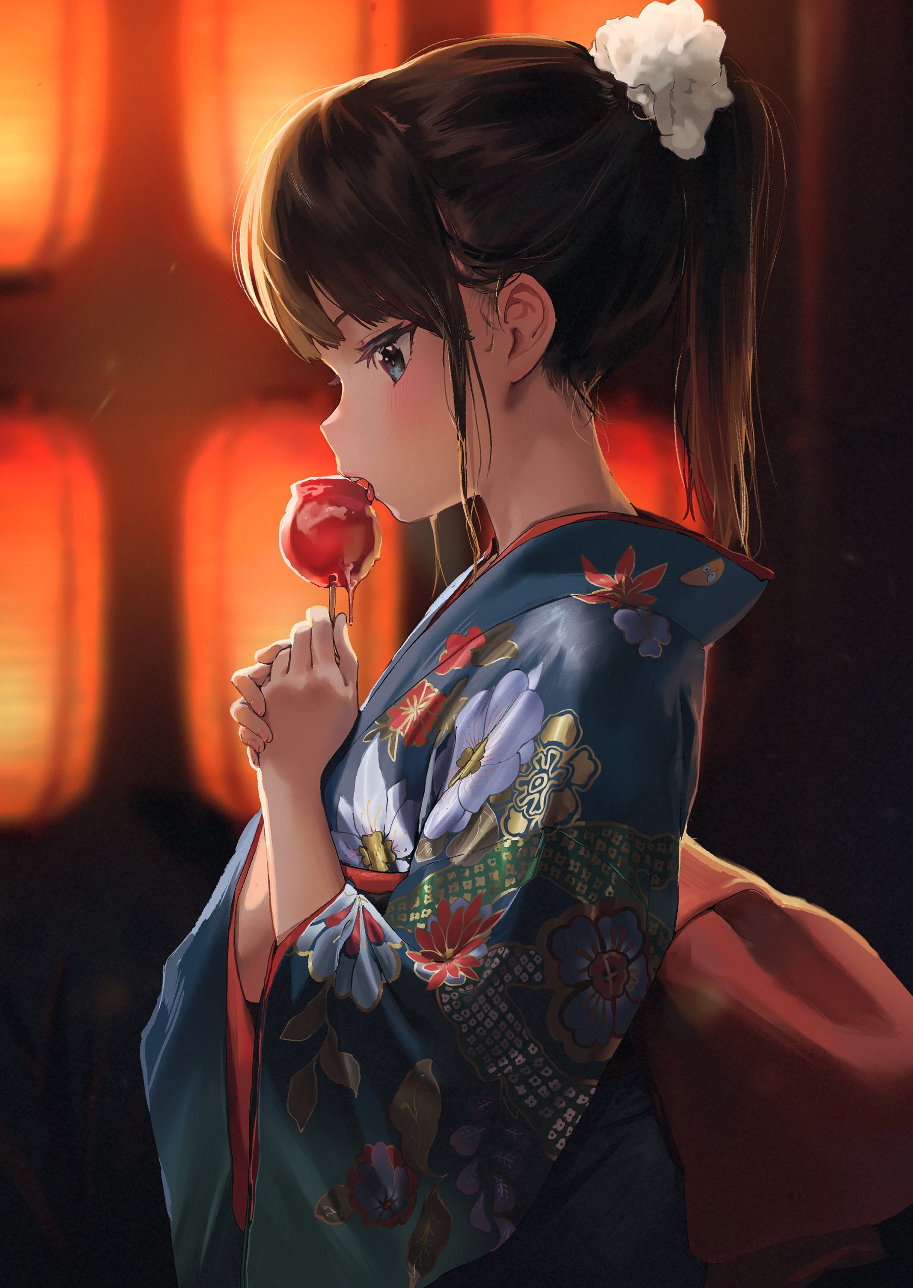 the image is a digital painting of a young animestyle girl wearing a beautifully decorated kimono. she is eating a candy apple and has a calm, peaceful expression. the background is a warm orange hue, suggesting a setting that is either autumnal or reminiscent of warm lighting.  the overall style is highly detailed and painterly, with a focus on soft lighting and atmospheric effects. the girl's posture and expression create a serene and elegant mood.