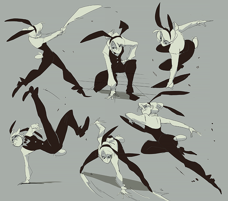 the image shows a series of dynamic action poses of a character with bunny ears. the character is depicted in various stances, each emphasizing a different movement or action. the character appears to be wielding a weapon, possibly a knife or sword, in some of the poses. the illustration is done in a black and white style, with a gray background, giving it a minimalist and stylish aesthetic. the lines are bold and energetic, conveying a sense of movement and power.  overall, the image showcases the character's agility and potential for actionpacked scenes.