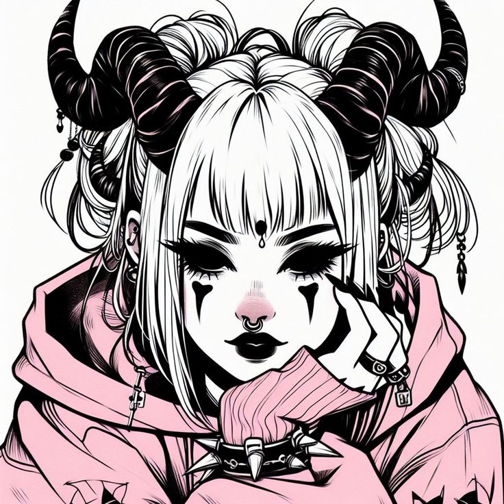 a digital art illustration of a cute anime goth girl with black horns, a pink hoodie, and dark makeup. she has dark eyeshadow, bold red lips, and a nose ring.