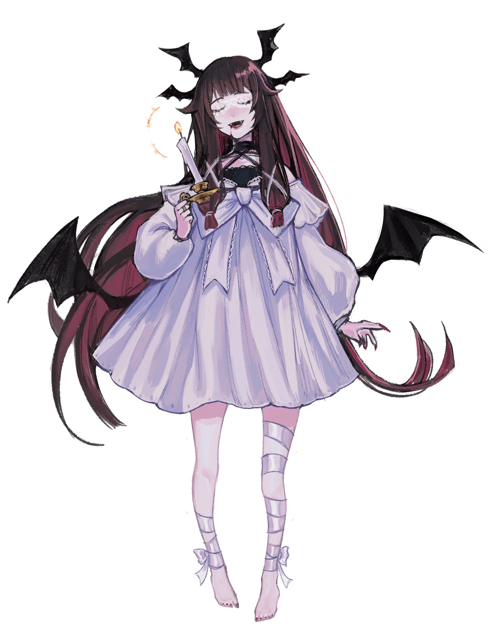 an anime girl with long red hair and bat wings is wearing a white dress and holding a lit candle. she is smiling and has a cute and elegant look about her. she appears to be a fantasy character, possibly a demon or vampire. the artwork is done in a digital art style.