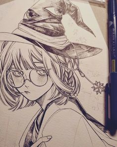 the image is a black and white drawing of a girl wearing a witch's hat and round glasses. she has long hair styled in a braid over her shoulder. she is wearing a collared shirt and jacket. there is a snowflakeshaped charm hanging from her hat. the drawing style is reminiscent of anime and manga.
