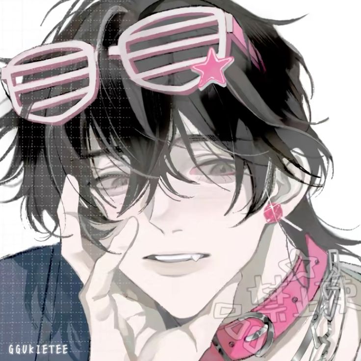 the image is a closeup portrait of an animestyle boy. he has dark, somewhat messy hair, and is wearing pinkframed sunglasses with a star detail, a pink choker necklace, and a silver chain necklace.  his expression is soft and charming. the art style is clean and polished with a slightly muted color palette, incorporating shades of pink, grey and black.  the background is a simple, offwhite. the overall aesthetic is trendy and fashionable. a watermark or signature "ggukie tee" is visible in the bottom left corner.