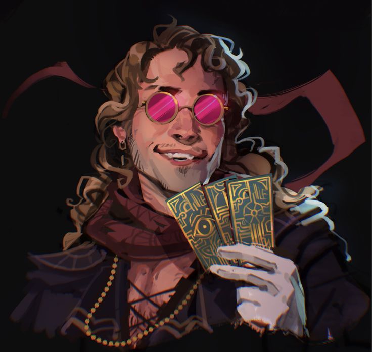 a digital portrait of a man with long blonde hair wearing sunglasses and holding a set of cards. he is smiling and looking at the cards. he is wearing a black shirt with a red scarf and a gold necklace. the background is dark. the man is dressed in a stylish and fashionable way, and he has a mischievous glint in his eye. this is a digital illustration that evokes a sense of mystery and intrigue.