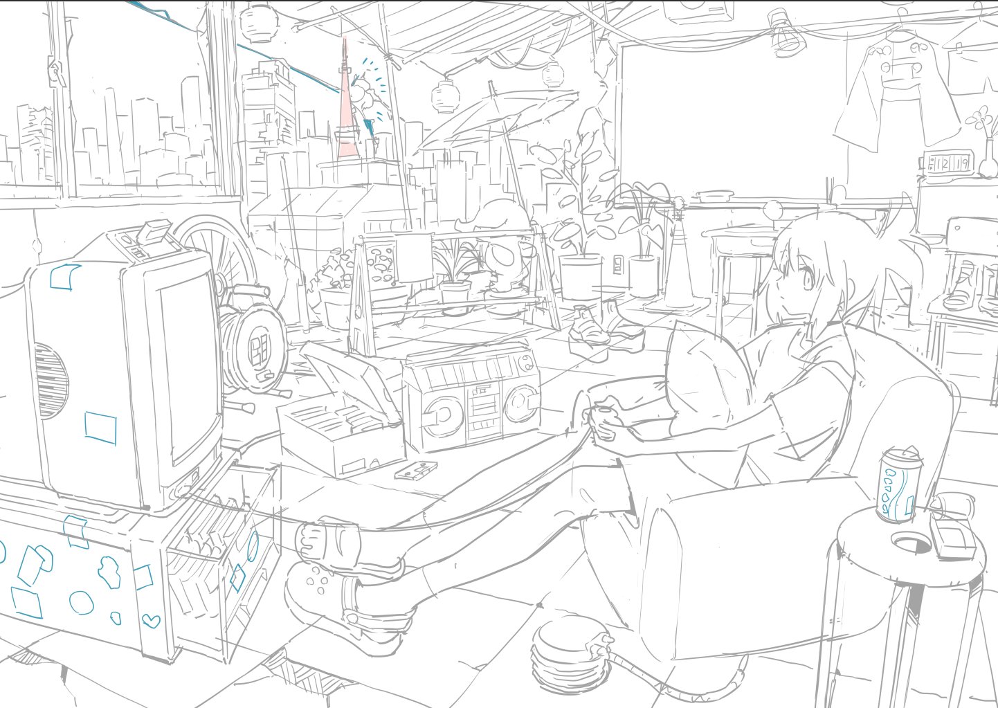 a line drawing sketch depicting an animestyle girl relaxing in a chair, playing video games. the setting is a messy, cluttered room with a view of the tokyo tower and a cityscape outside the window. the room contains various items including a television, boombox, plants, and other personal belongings, giving a sense of livedin casualness. the style is reminiscent of anime and manga illustrations. the overall mood is relaxed and slightly nostalgic.
