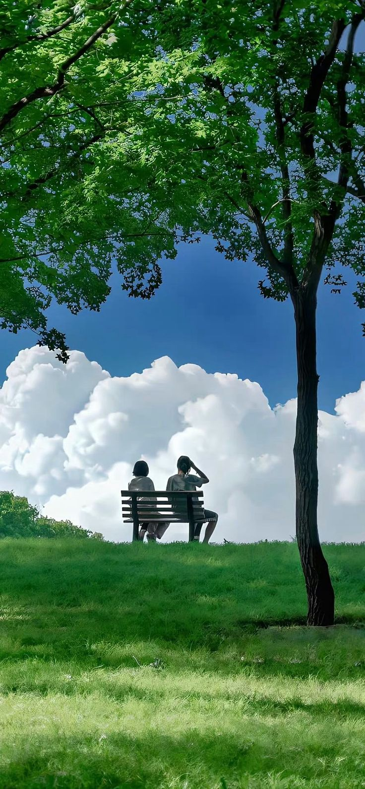 a couple sits on a bench in a park under a tree, with a blue sky and fluffy clouds in the background.