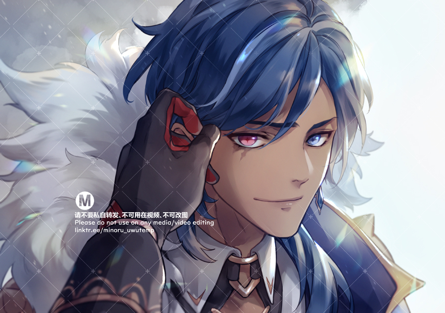 this is a digital art illustration of an animestyle boy with blue hair and red eyes. he is smiling and looking directly at the viewer. he is wearing a black glove on his right hand and a stylish outfit with a gold choker. he is standing in front of a white background. the art style is very detailed and colorful, with a lot of focus on shading and lighting. the overall impression of the art is one of elegance and mystery.