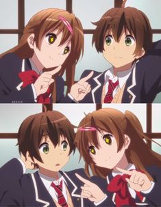 the image features an anime couple, a boy and a girl, depicted in a splitscreen style. the top half shows them as older teenagers, while the bottom half depicts their younger selves. they're both wearing typical japanese school uniforms.  both versions of the characters are pointing at each other playfully with smiles on their faces. the background suggests a classroom setting with a window and traditional japanese sliding doors. the lighting is bright and friendly, giving the image a cheerful and heartwarming atmosphere.