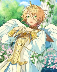 a digital illustration of a smiling, blondehaired, and greeneyed animestyle male character with angel wings and halo, standing in a rose garden.