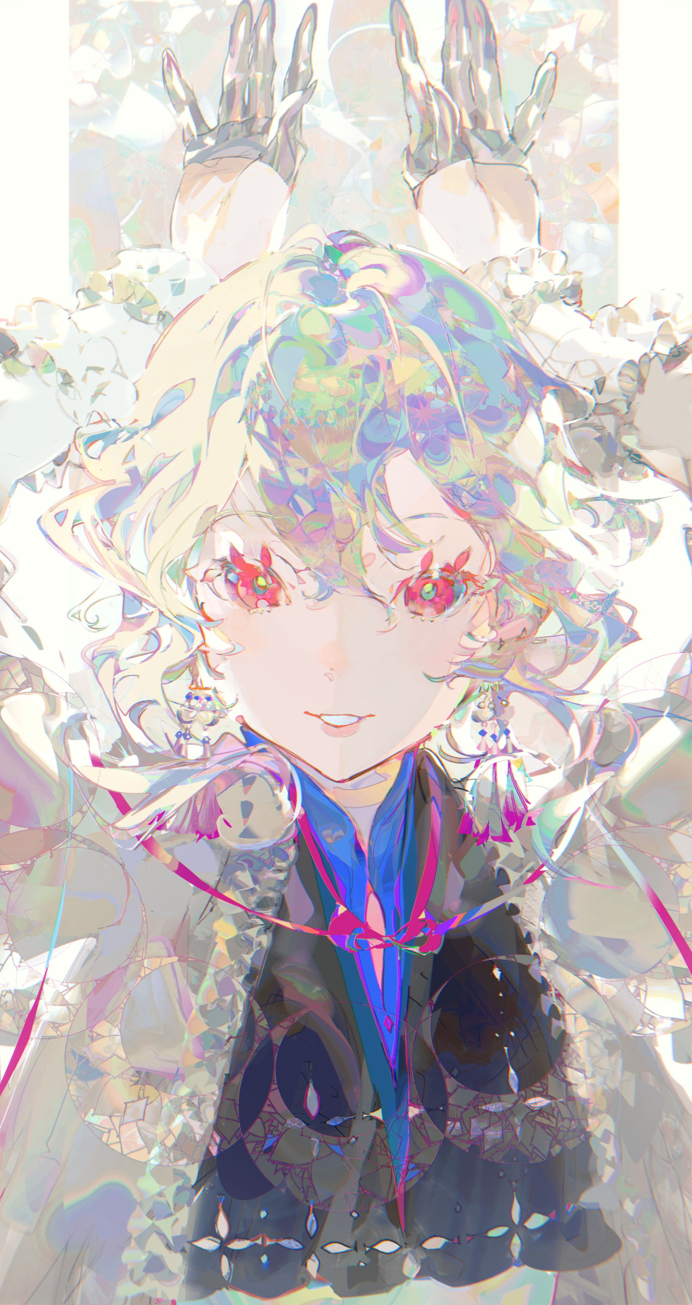 he image is a digital painting of an animestyle girl. she has long, blonde, curly hair that is iridescent and pastelcolored. she has large, expressive red eyes. she is wearing a flowing, ornate dress with a high collar and gloves. the overall style is whimsical and dreamy. the background is light and airy, with a hazy, ethereal quality. the colors are vibrant and colorful, with a lot of iridescence. the girl's expression is sweet and slightly mischievous. the painting is full of detail and texture.