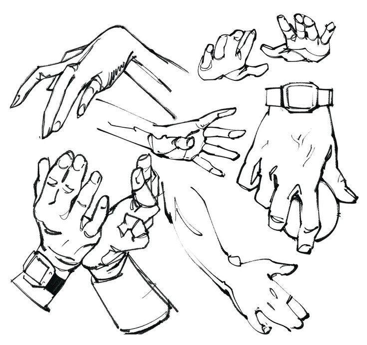 the image shows a collection of hand drawings in a sketchy, line art style. there are multiple hand poses and angles, some with wristbands or watches, and some with arms attached. the style is reminiscent of digital art or illustration, focusing on gesture and anatomy.