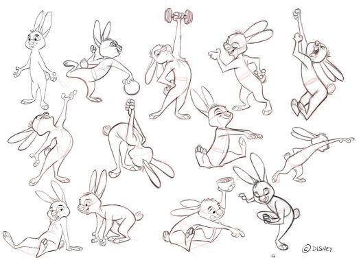 a collection of character design sketches of judy hopps, the bunny from zootopia, in various poses and actions. she is shown standing, exercising with weights, practicing yoga, and in various dynamic poses showcasing movement and expression. the sketches are linework drawings in a disney style.