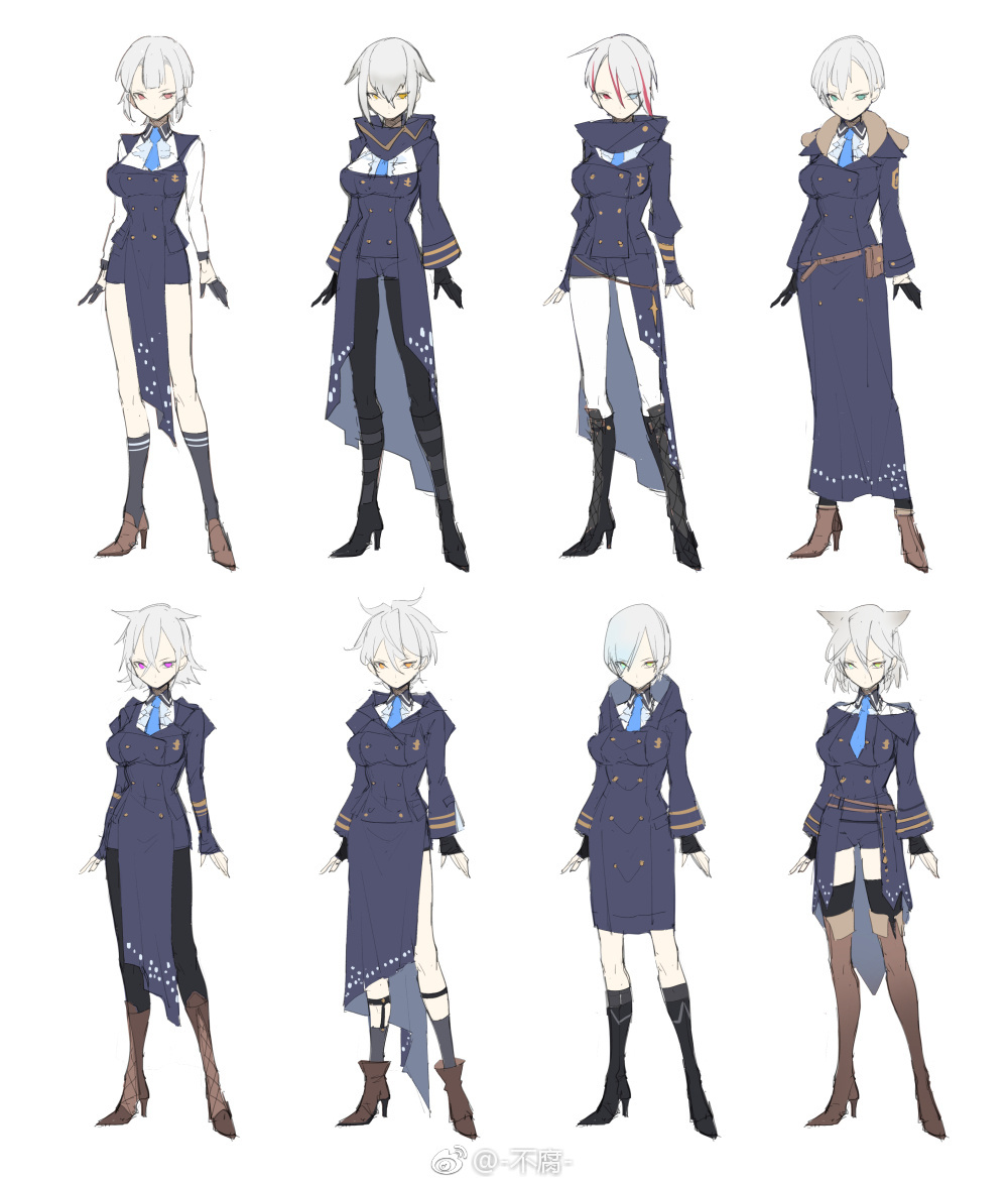 the image showcases eight variations of a character design for a female character, potentially for an anime, manga, or video game.  she has white hair and is posed against a plain background. the designs focus on a blue, black, and white color scheme, with each outfit featuring a jacket, undershirt, and different styles of pants, skirts, or shorts. accessories like belts, thigh highs, and boots vary between the designs.