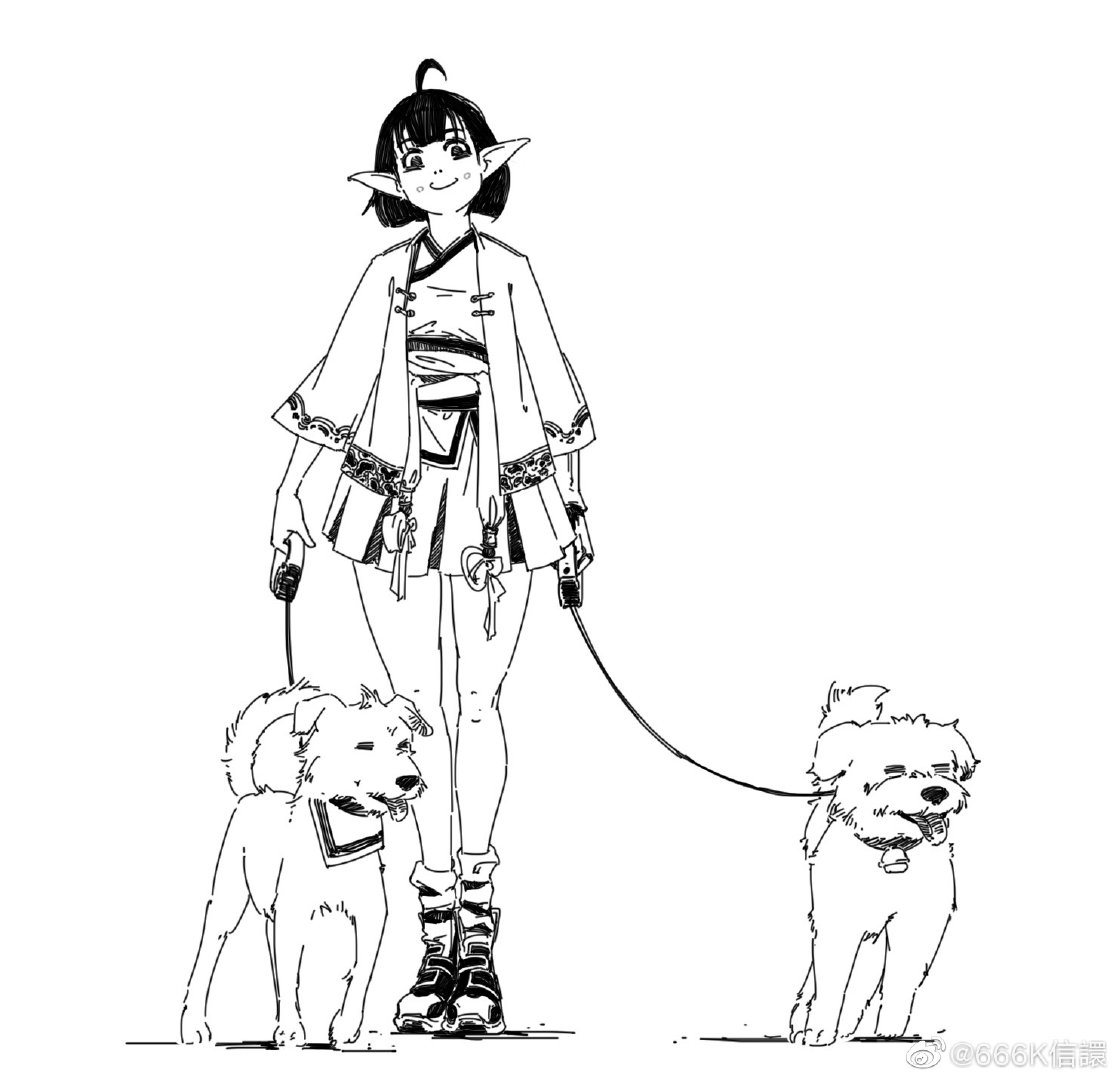 the illustration is a black and white line drawing of a young woman with elflike features. she has short dark hair, pointed ears, and is dressed in a loosefitting, asianinspired robe or kimonostyle outfit.  she is walking two small, fluffy dogs on leashes. the style is reminiscent of anime or manga, with a slightly loose and expressive line quality. the background is plain white, focusing attention on the figure and her pets. the overall impression is casual and charming.