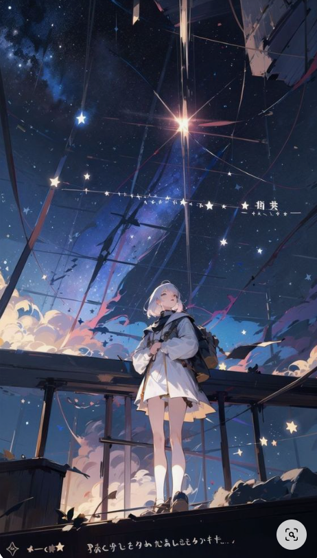 a young woman with short white hair stands on a wooden platform, gazing upwards at a breathtaking night sky filled with countless stars. a particularly bright star shines above her, casting a soft glow on the scene. she wears a white jacket and skirt, carries a brown backpack, and seems lost in contemplation of the vastness above. the perspective is from a low angle, emphasizing the girl's small size in comparison to the expansive sky and creating a sense of awe and wonder. the overall atmosphere is dreamy and serene.