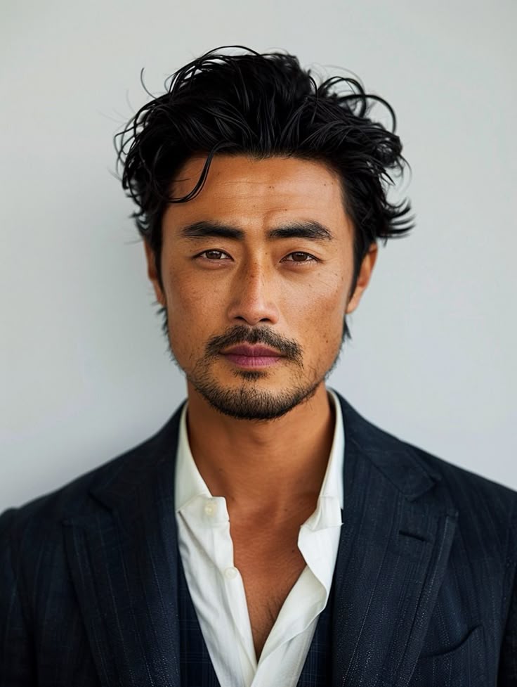 a portrait of an asian man with dark hair and a beard wearing a suit and a white shirt.