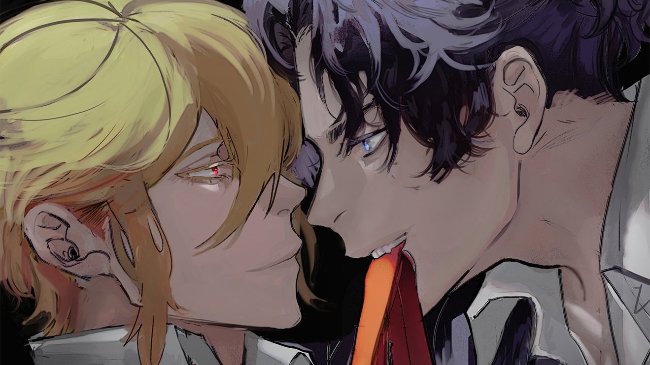 this is a digital illustration of two anime boys in a romantic setting. the boy on the left has blonde hair and a red eye, while the boy on the right has black hair and