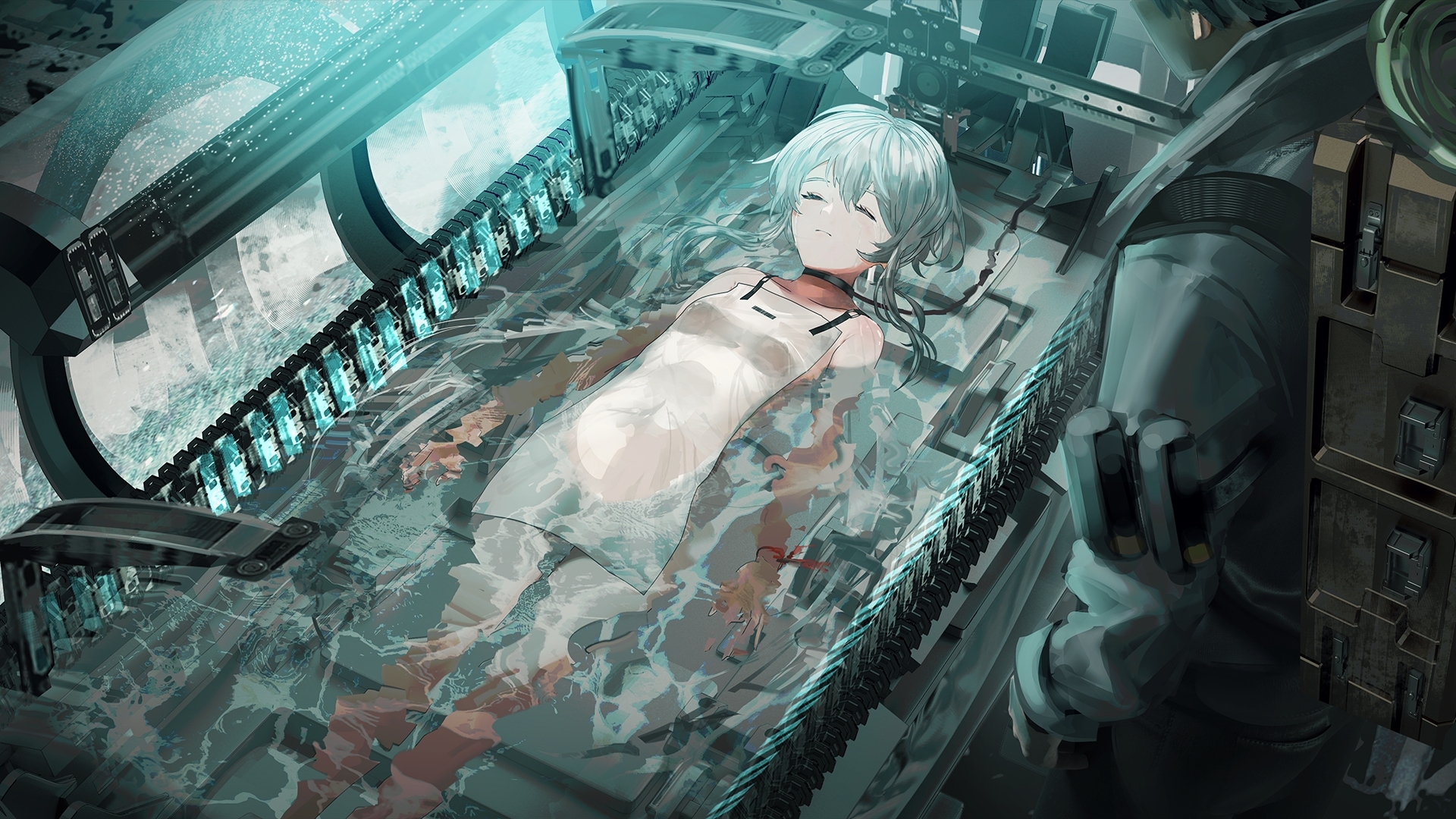 he image is a digital painting or illustration in a cyberpunk or science fiction style.  it depicts a young animestyle girl with grey hair lying submerged in a transparent, waterfilled tank within a complex, futuristic medical or technological apparatus. the tank is part of a larger machine with intricate mechanical details. a figure, possibly a cyborg or robot, is partially visible in the lower right, seemingly attending to the girl. the overall aesthetic is cold, sterile, and technologically advanced. the color palette is dominated by blues, greys, and muted whites. the artwork suggests a scene of medical treatment, experimentation, or possibly even cryosleep.