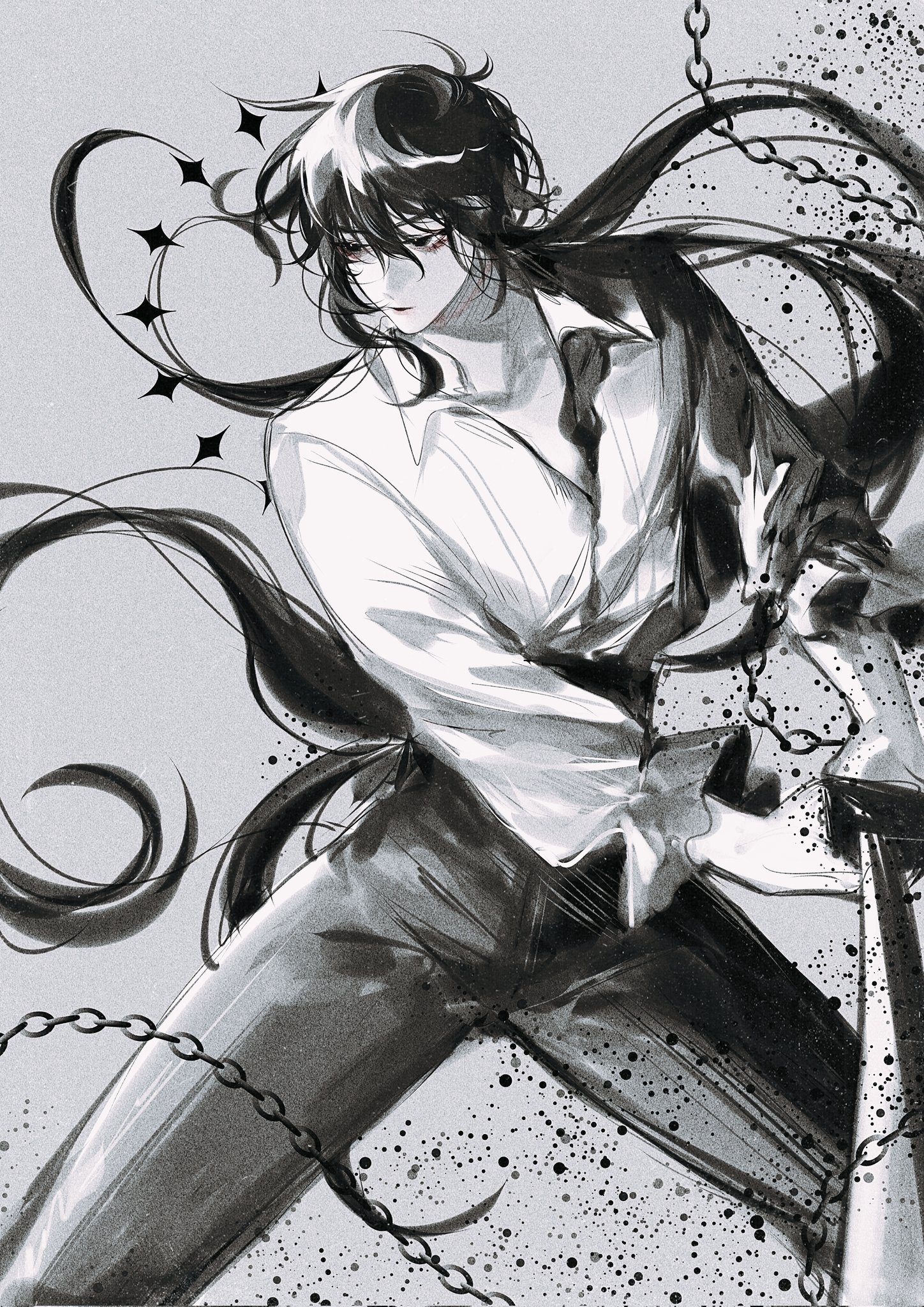 the image is a monochrome animestyle illustration of a male character. he has long, dark hair that flows dramatically around him. he's wearing a loose, white shirt and dark pants. chains are wrapped around him, adding to the dramatic and mysterious atmosphere. the style is expressive and dynamic, with loose brushstrokes and shading that give the image a sense of movement and energy. the character's pose and expression are intense, hinting at a powerful or troubled personality.  the background is a light gray with splatters of darker tones, enhancing the overall mood.