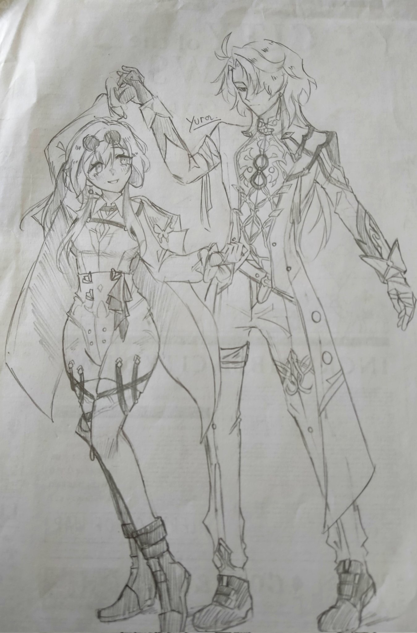this is a pencil sketch of two anime characters, a male and a female, dancing together. the male character is wearing a long coat and has long blonde hair. the female character is wearing a dress and has long dark hair. they are both smiling and appear to be enjoying themselves. the sketch is done in a simple, minimalist style. the characters are drawn in a dynamic pose, suggesting movement and energy. the overall tone of the sketch is romantic and sweet.