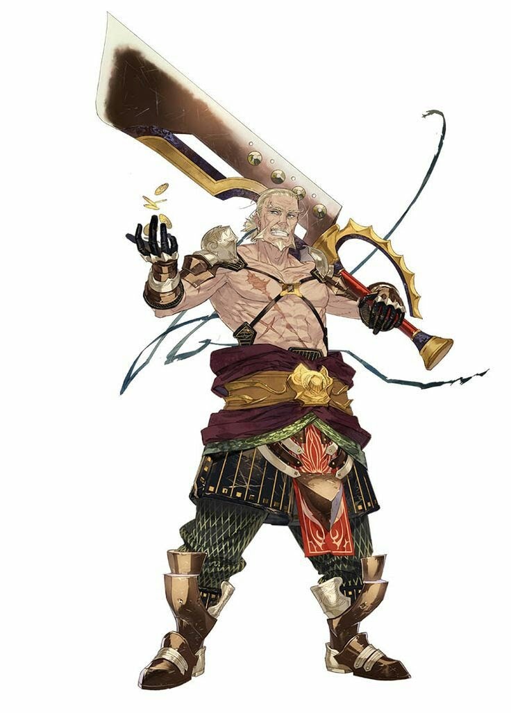 a digitally drawn illustration of a male warrior with a sword in one hand and a shield in the other hand. he's wearing armor, with a large sword and shield in his hand. he's ready for battle and is a fierce warrior. the illustration is drawn in a anime style, with a lot of detail in the character's armor and clothing. the illustration is very dynamic, and the warrior looks very strong and powerful. the background is white, which makes the warrior stand out.